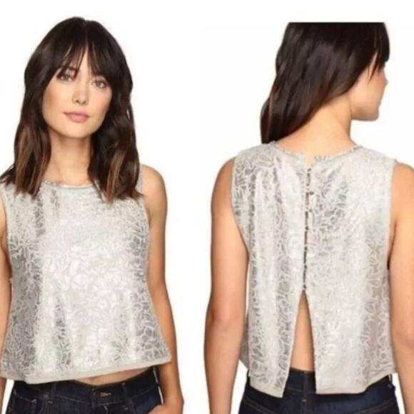 Free People Casual Fancy Silver Metallic Top Crop Top size medium - Picture 1 of 9